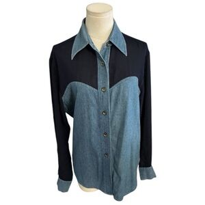 VINTAGE Denim Sheer Blue‎ Denim Button-Up Shirt Country Concert L Bloomingdale’s